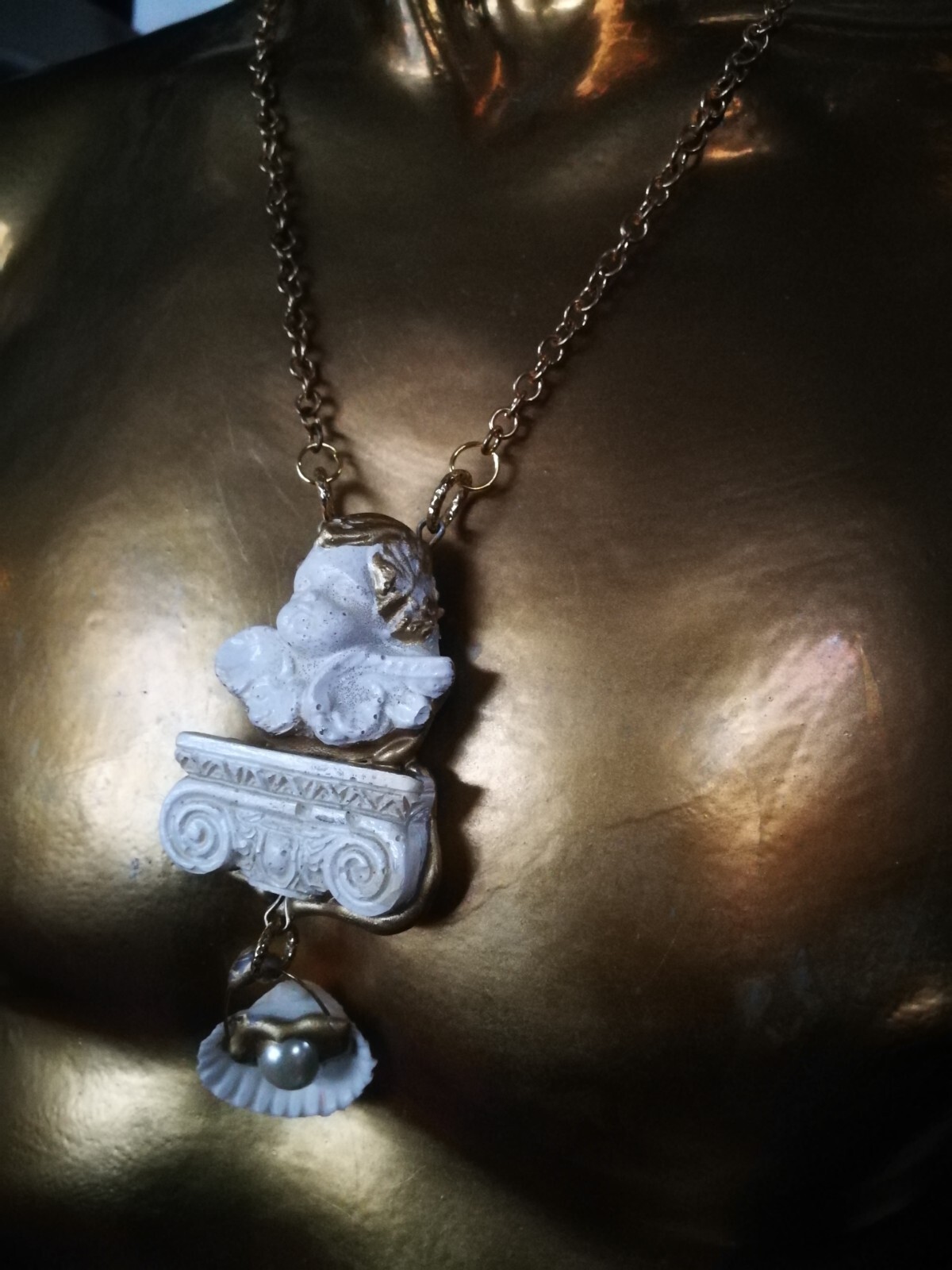 Winged Angel Cherub Talisman Baroque Pendant Amulet Shell Charm Jewelry Necklace