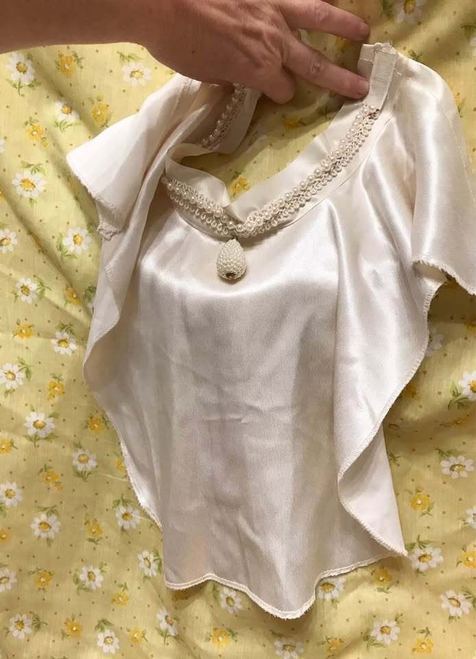 Vintage ivory satin-looking polyester dressy dickie with high collar and bead