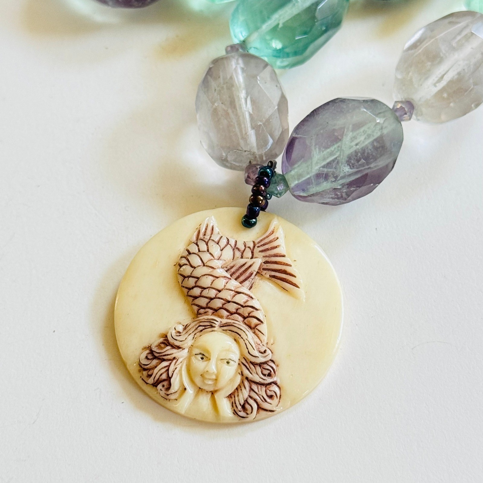 VTG Mermaid Rainbow Fluorite Necklace Natural Beads Whimsical sterling 925 18″