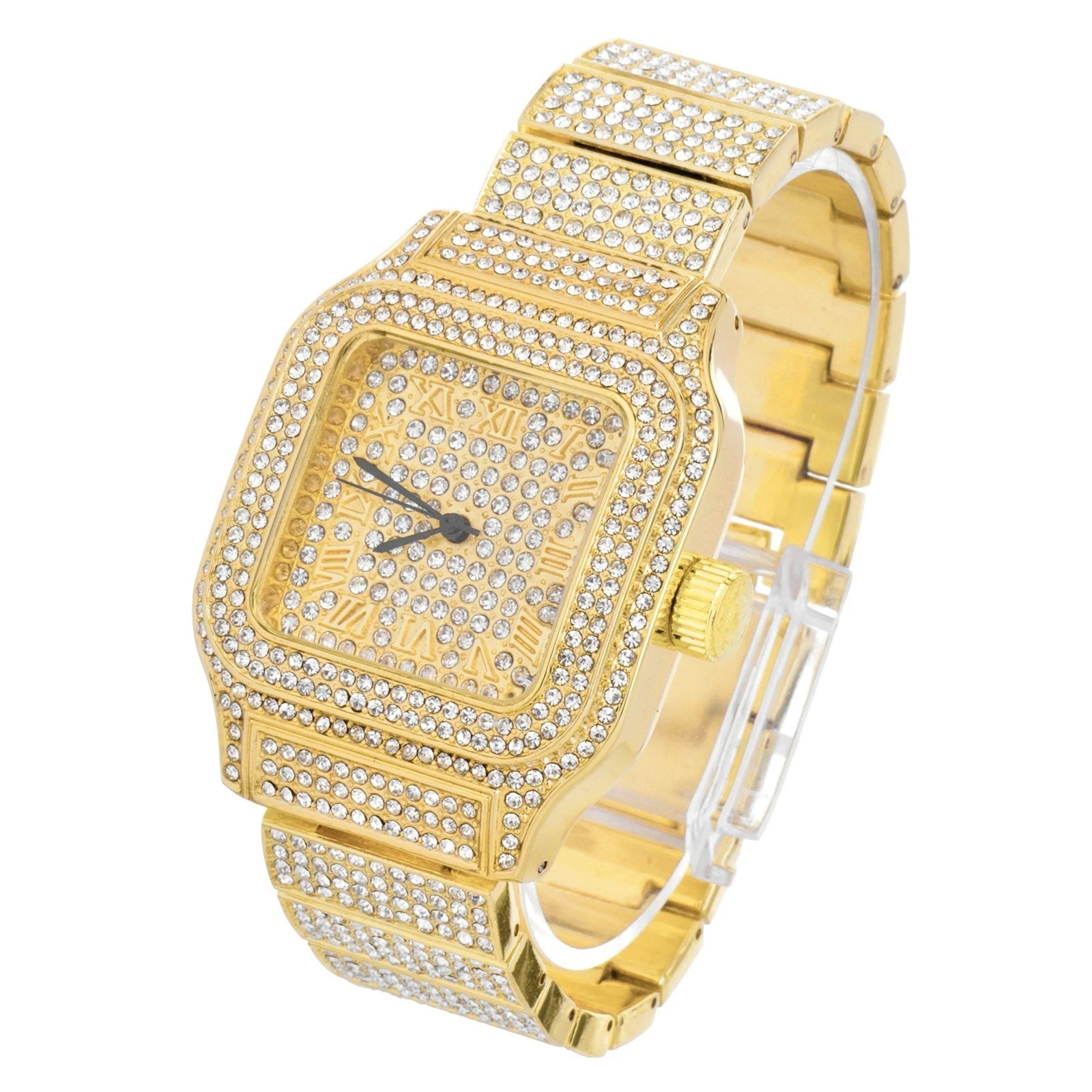 Iced Out CZ Gold Plated Square Hip Hop Bling Watch Metal Band Japanese Quartz