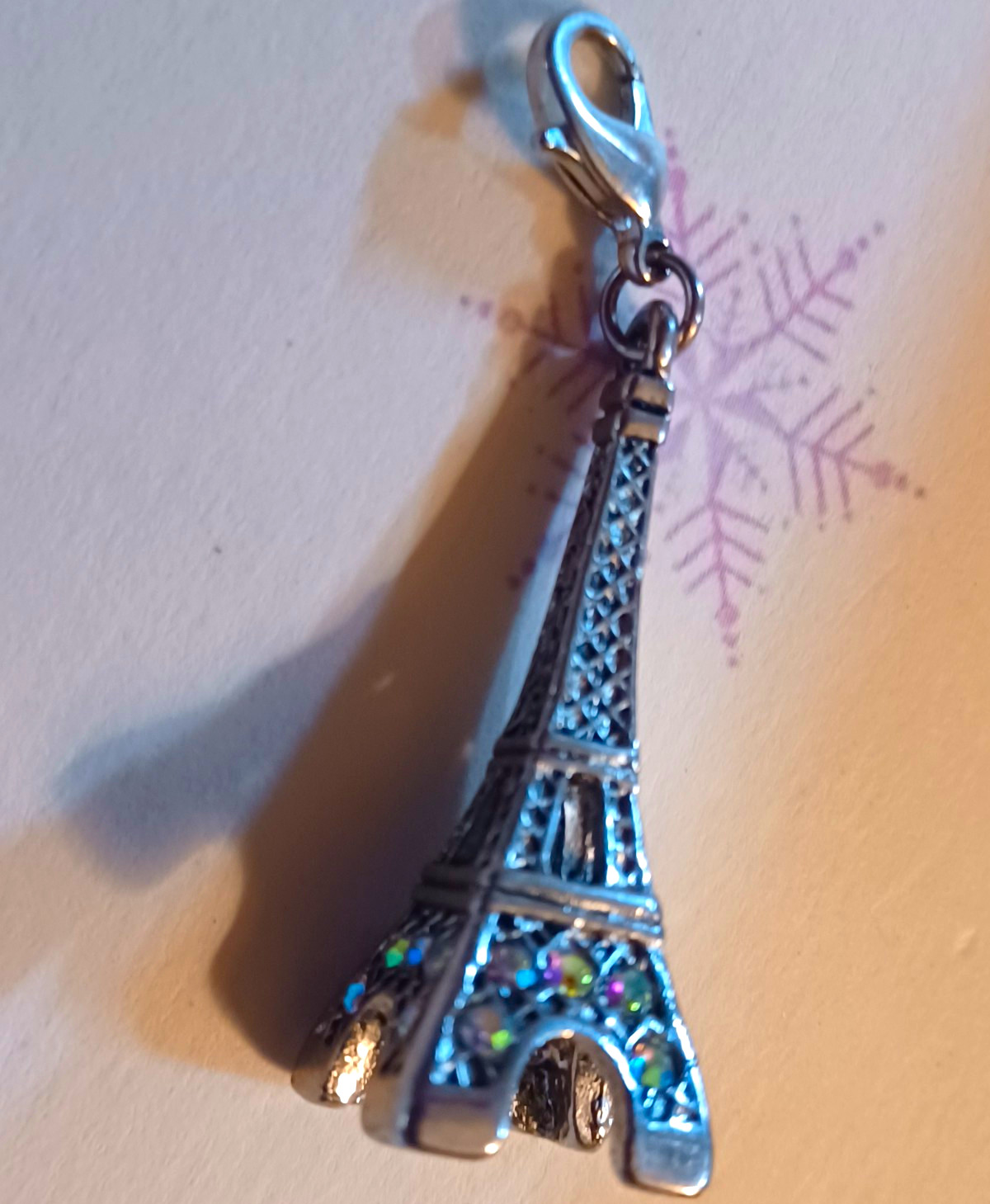 Silver Tone Eiffel Tower Dangle Charm Lobster Clasp Round Multicolor Crystals