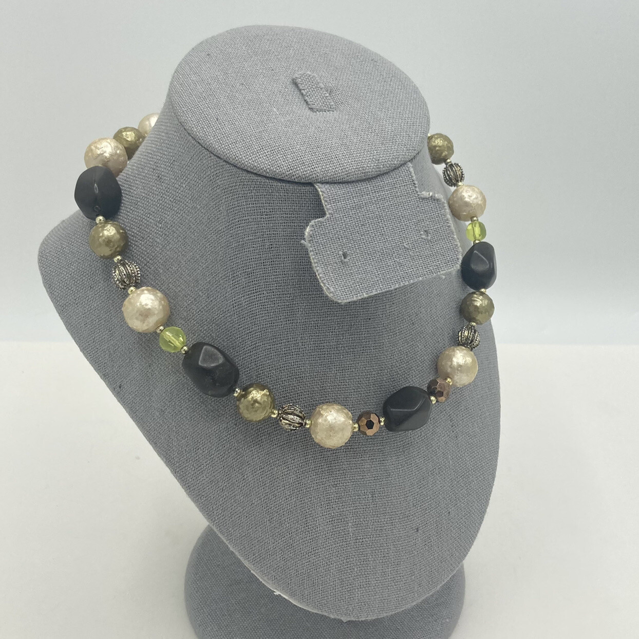 Green Brown Cream/ Champagne Color Textured Beaded 16” Single Strand Necklace