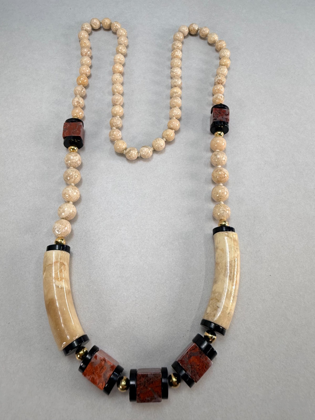 Vintage Ceramic -Jasper Beaded Statement Necklace Black Beige Brown Long Strand
