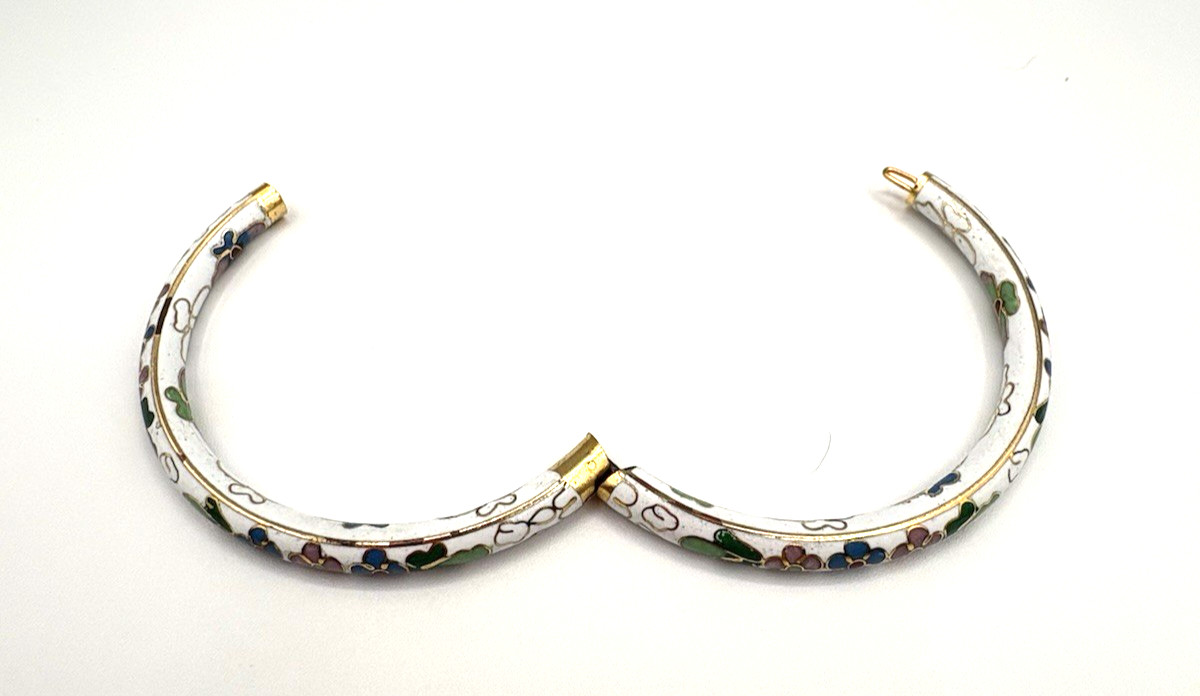 Hinged White Cloisonne Bangle Bracelet, Multi-colored Floral Enamel Bracelet