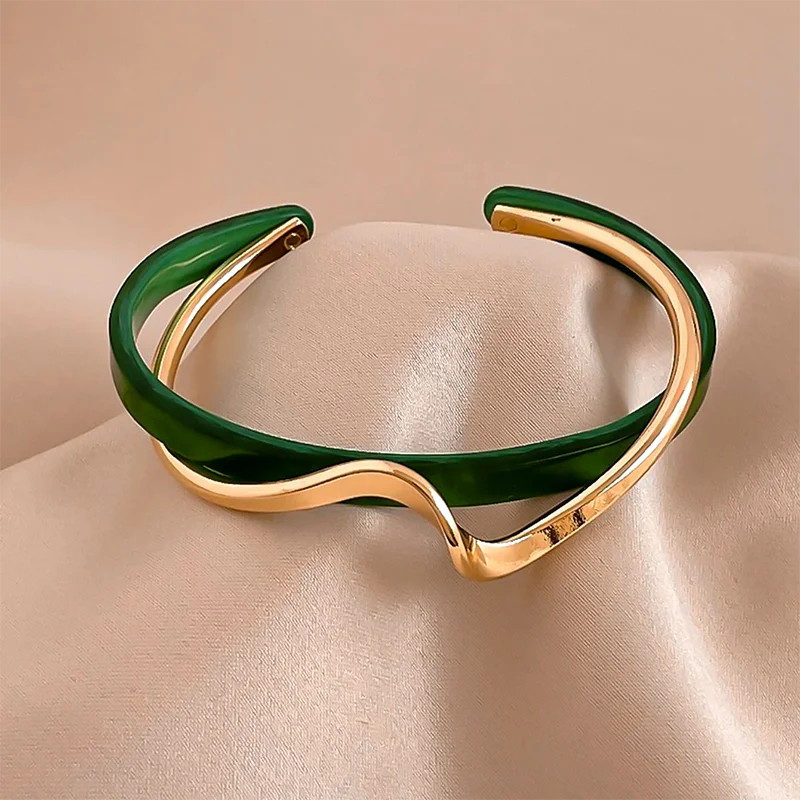 White Acrylic Bracelet Geometric C Shaped Open Metal Bangle Adjustable Jewelry