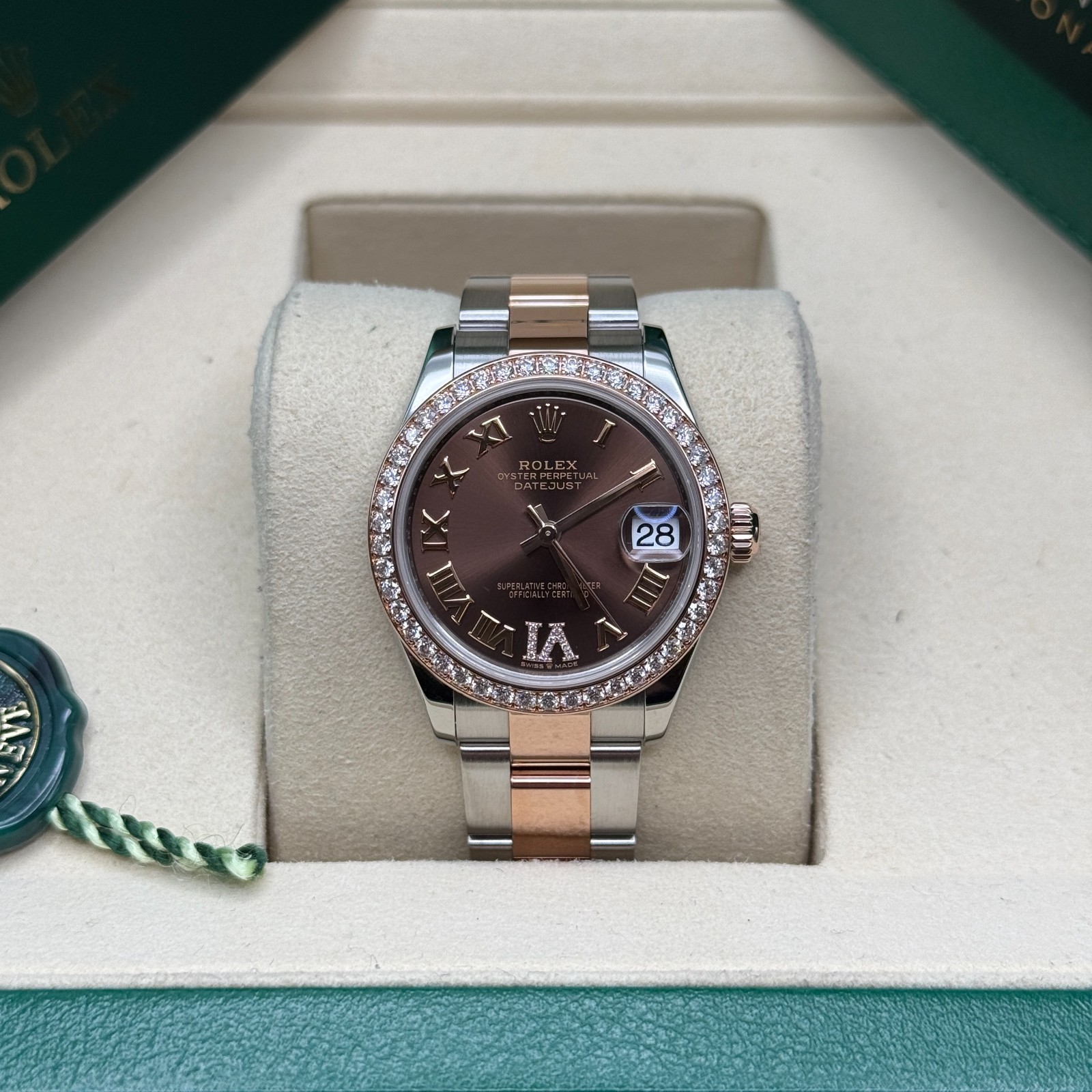Rolex Datejust 31 NEW 2025 Chocolate Pave 6 Roman Diamond Bezel Two Tone Oyster