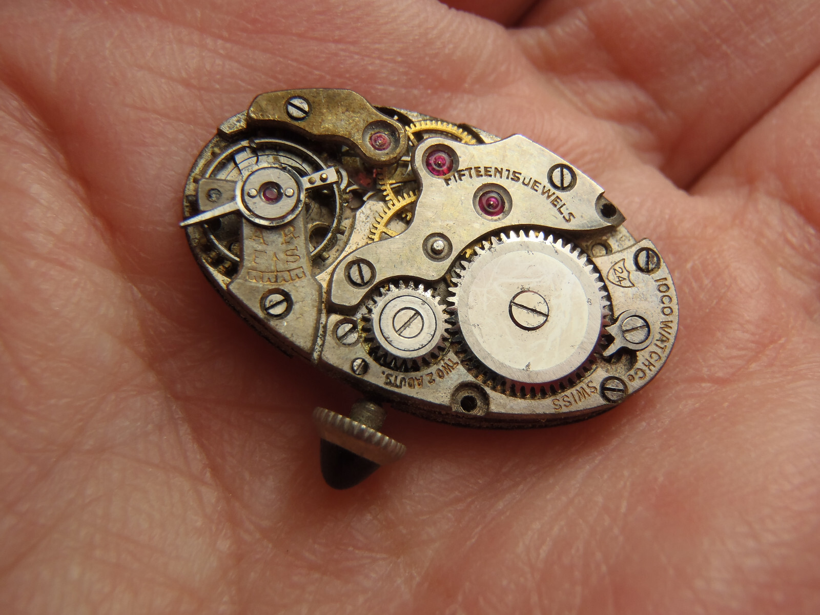 Antique 10 Co Watch Co Movement 15 Jewel Swiss 2 Adj 24 LP 25mm x 15mm For Parts
