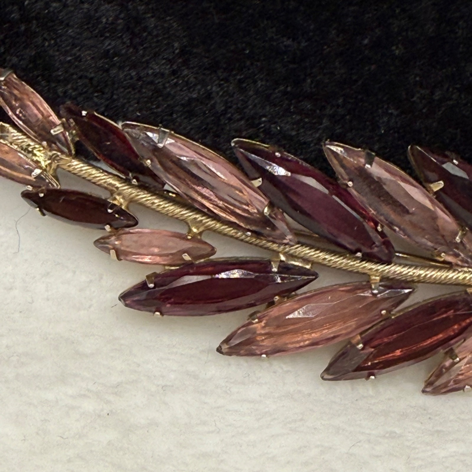 Vintage Rhinestone Feather Brooch Gold Tone Pink Purple Open Back LARGE