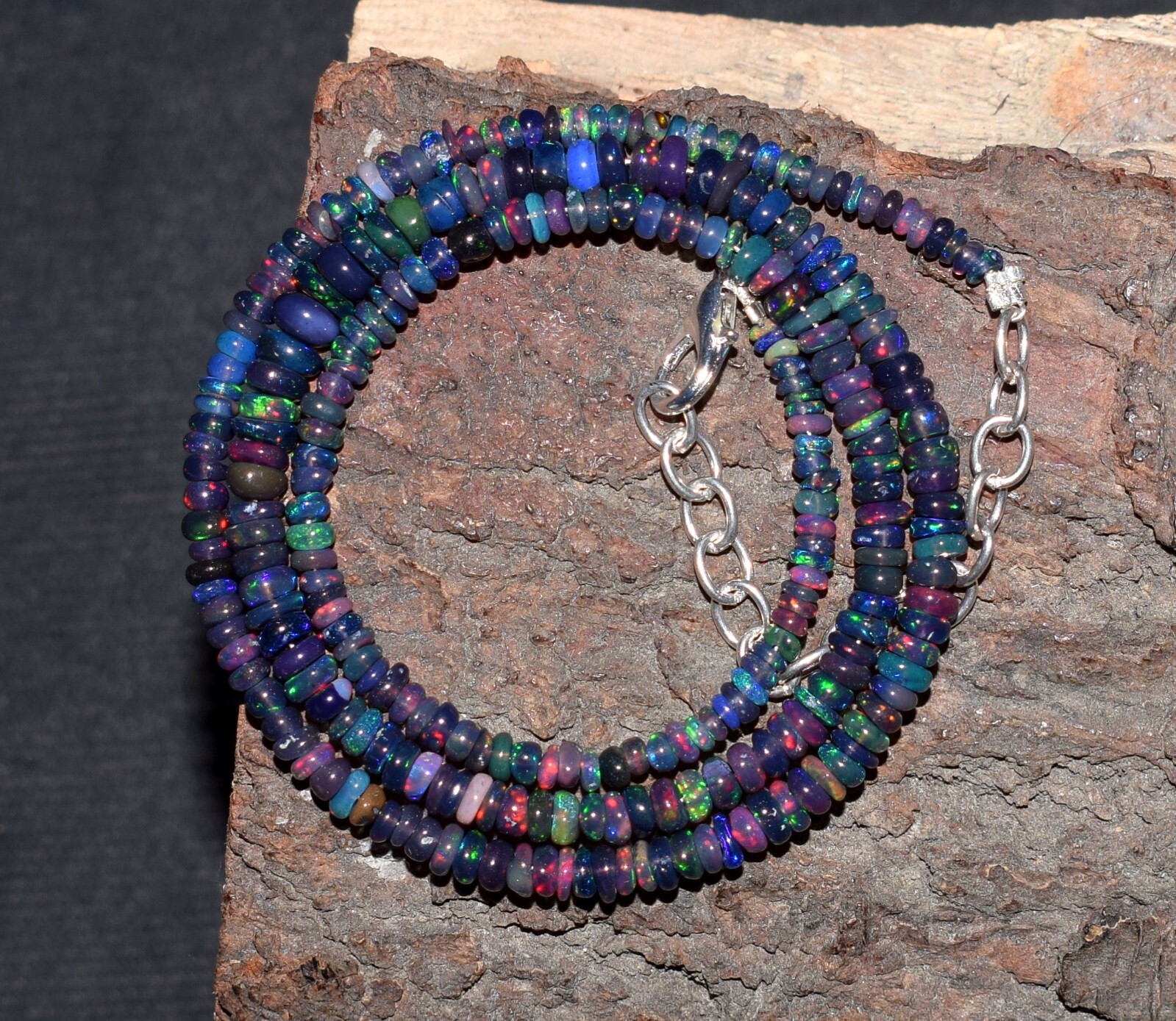 Opal Beads Necklace Natural Ethiopian Black Opal Gemstone Beads 16″Necklace