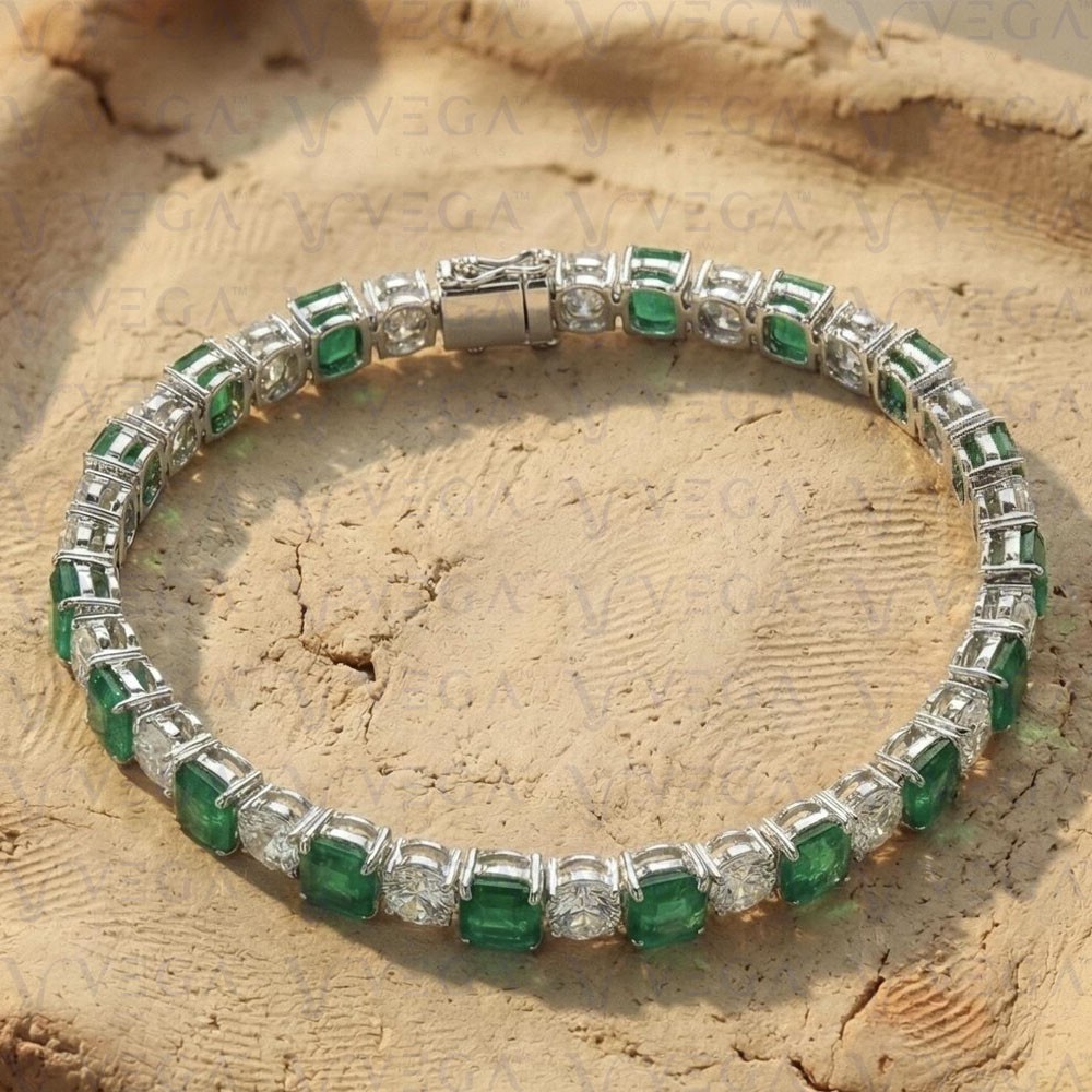 10.50Crt Asscher Natural Emerald & Diamond Tennis Bracelet 18K White Gold Plated