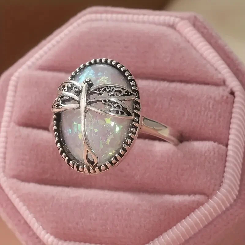 Elegant 925 Sterling Silver Rainbow Opal Charms Engagement Wedding Ring Size 9