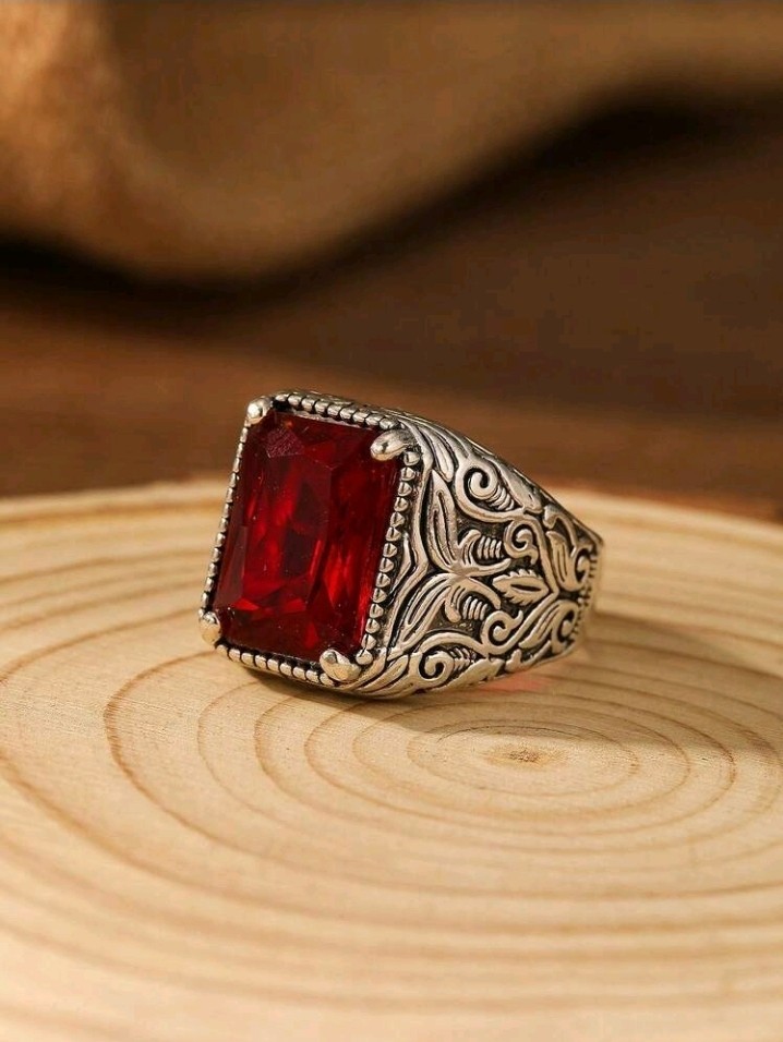 Men’s Silver-Plated Zinc Red Square-Shaped CZ Ring Size 8