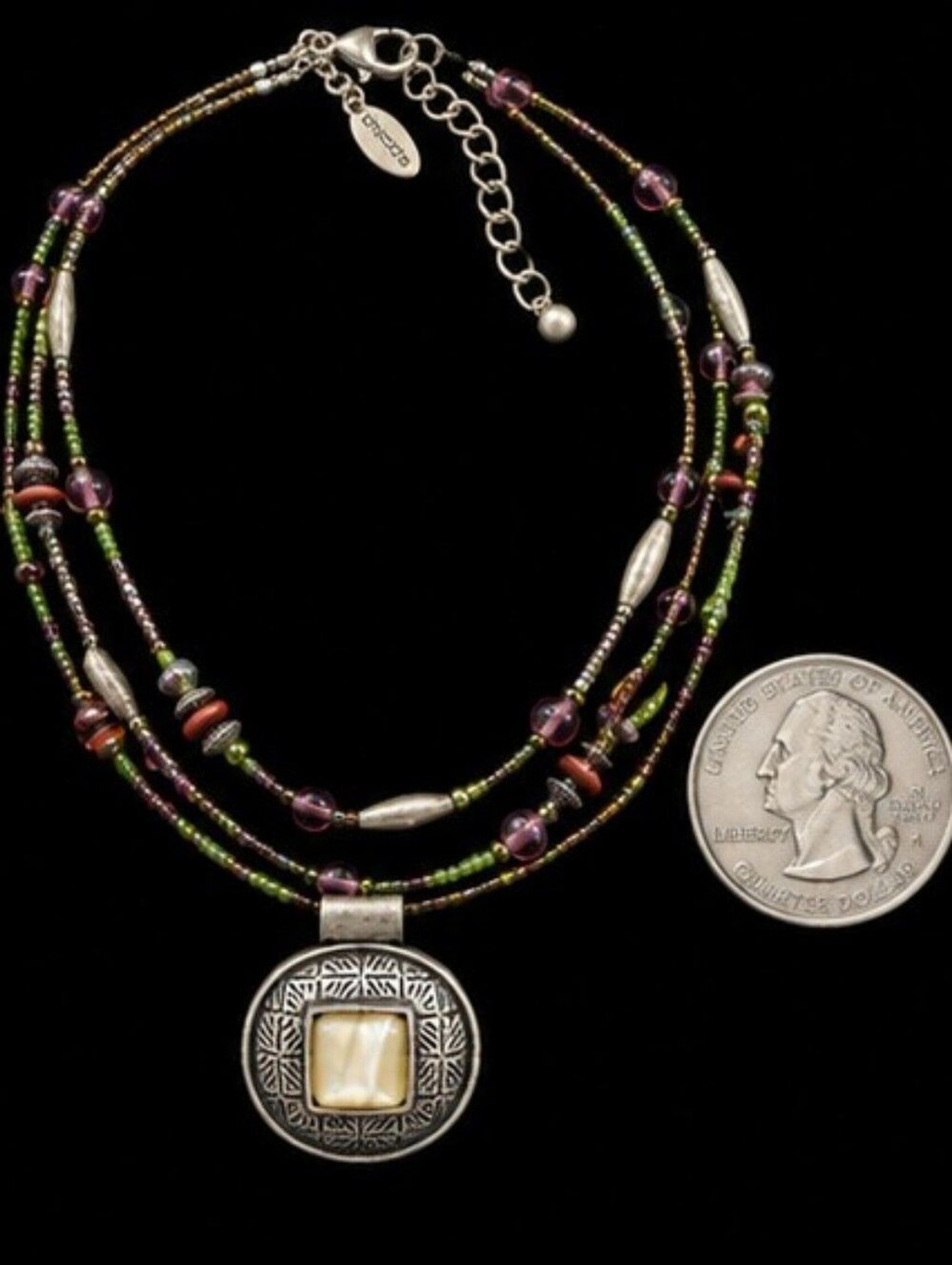 Chico’s Layered Beaded Necklace Mixed Metals Purple Green Artisan Pendant Boho