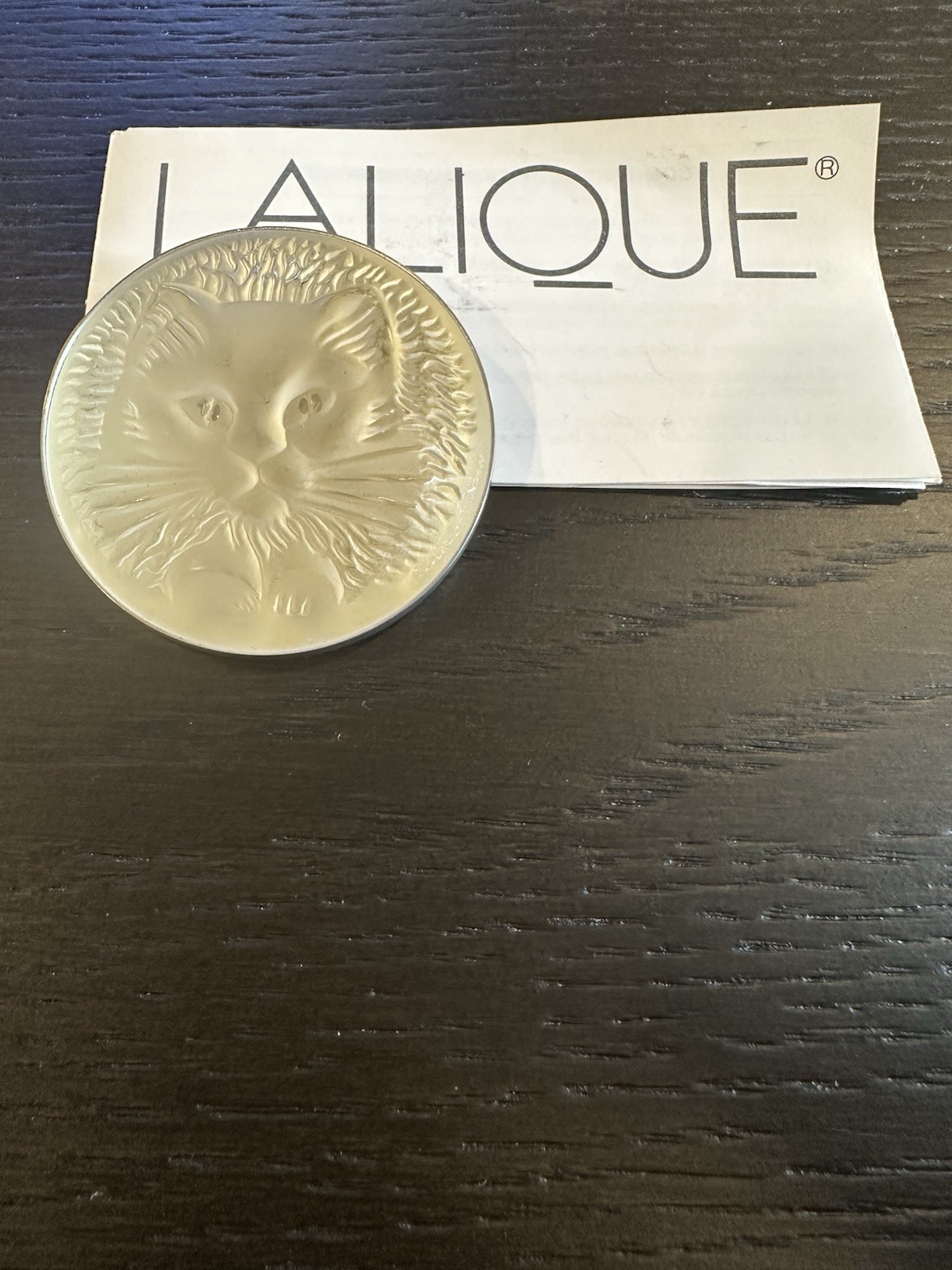 Signed Lalique France Frosted Crystal Chat Cat Medallion Brooch Vintage~1990s
