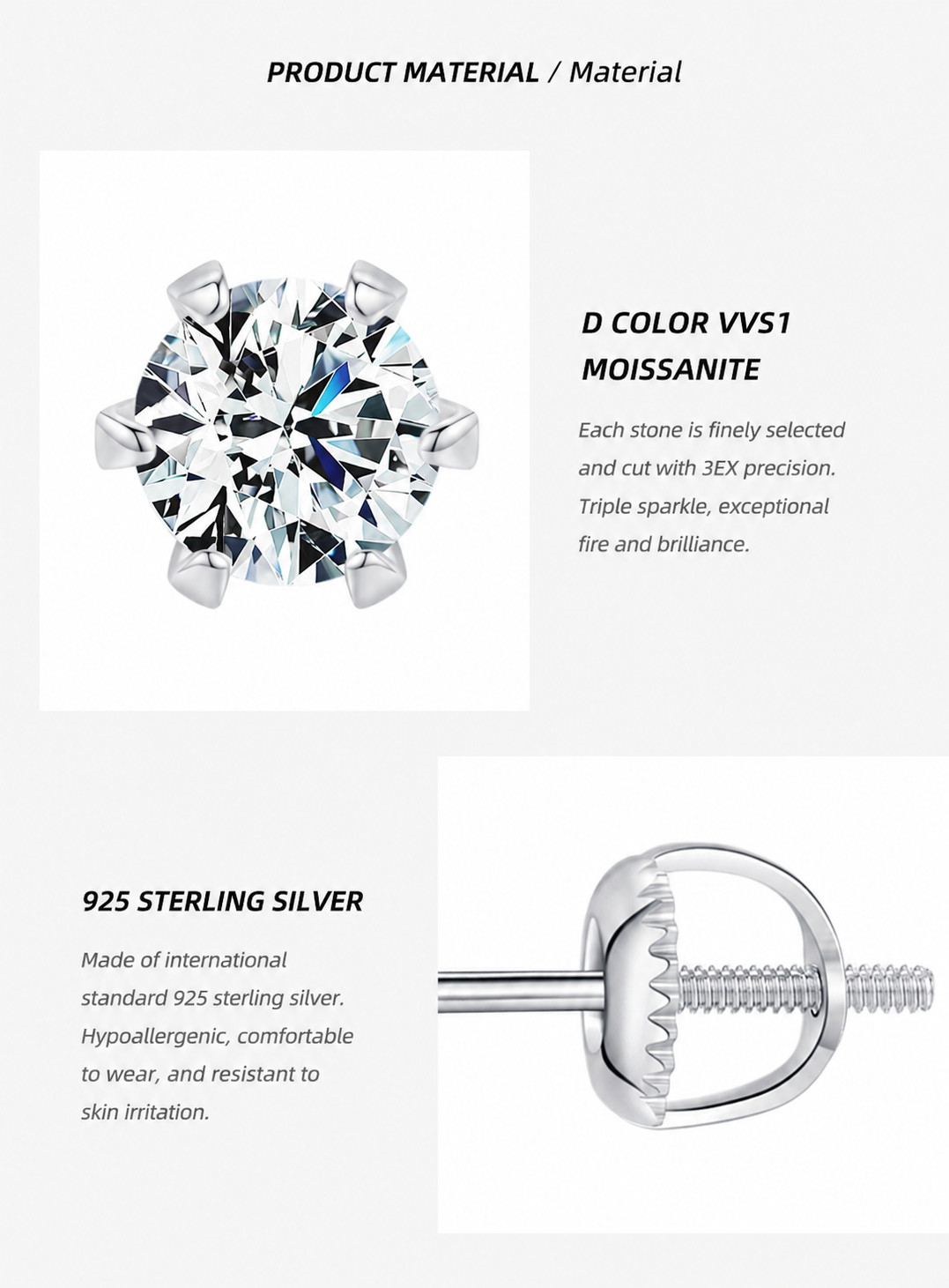 Moissanite Stud Earrings 925 Sterling Silver Screw Back D VVS1 GRA 1CT 2CT