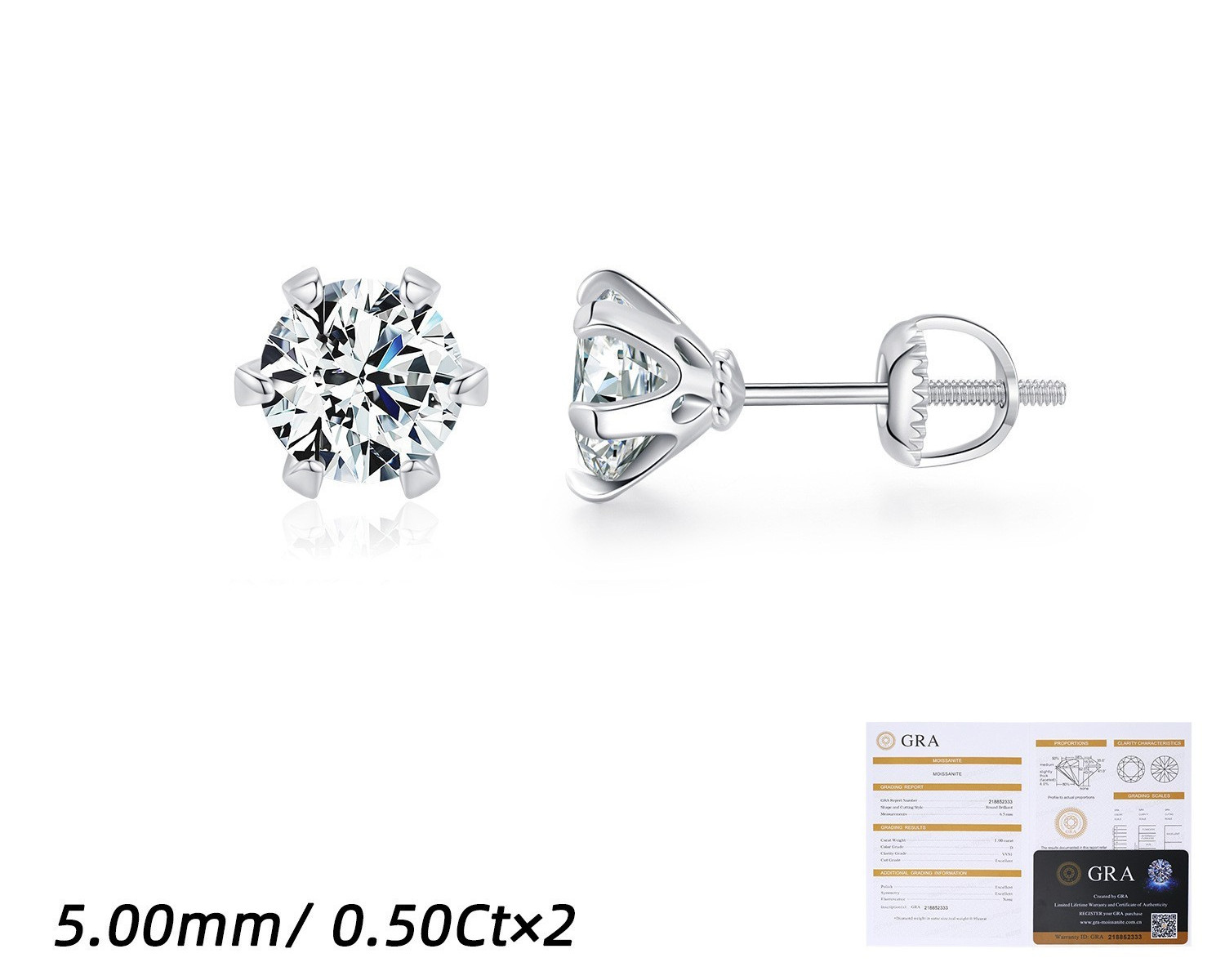 Moissanite Stud Earrings 925 Sterling Silver Screw Back D VVS1 GRA 1CT 2CT