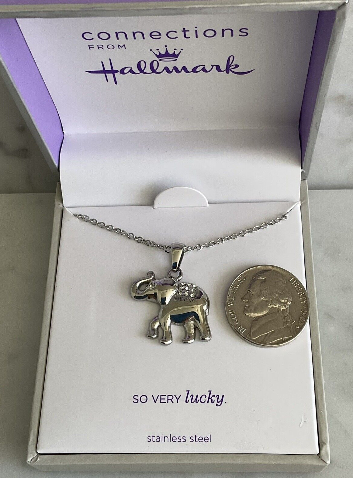 Connections from Hallmark “So Very Lucky” Elephant Stainless Steel Necklace 18″