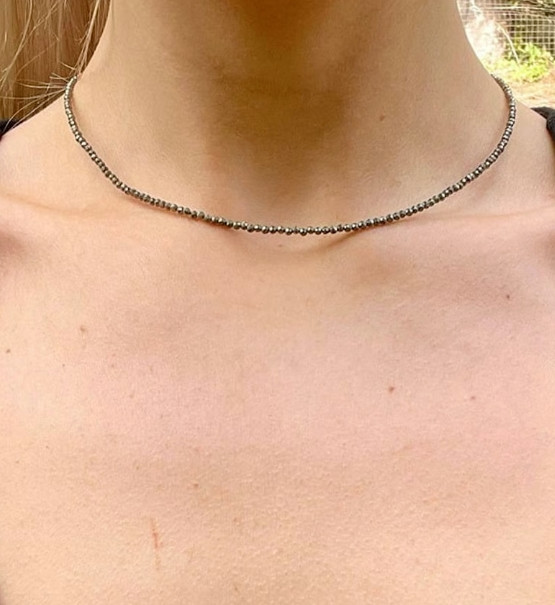 Natural Pyrite 2mm Beaded Choker Minimalist Dainty Gemstone Women Necklace Gift