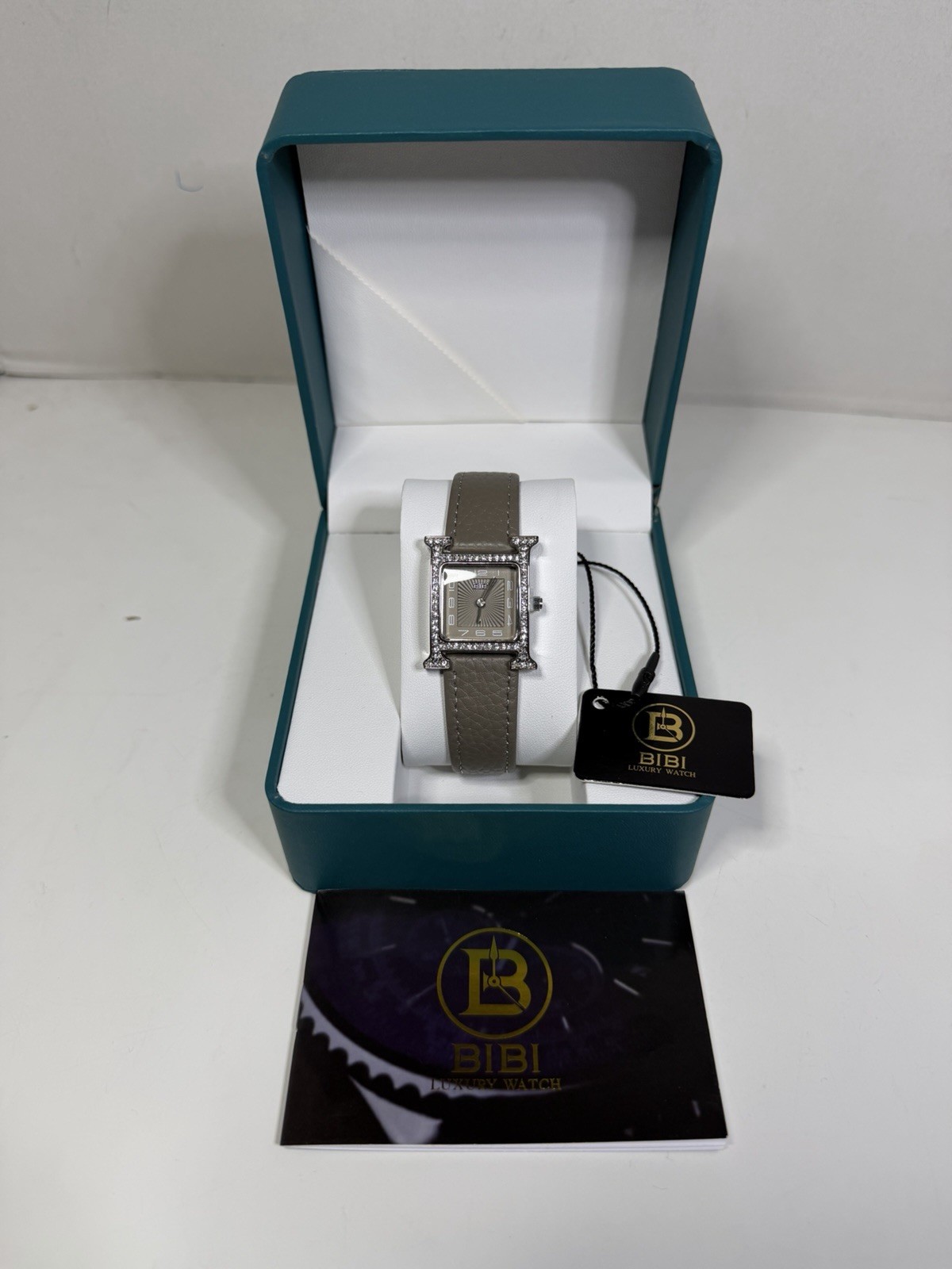 Bibi Luxury Watch Women’s Silver H Inspired Crystal Set Bezel Grey Leather NEW