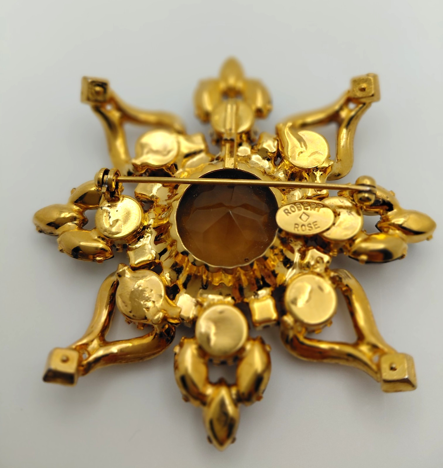 Robert Rose Flower Brooch Multicolor Rhonestones Gold Tone Setting