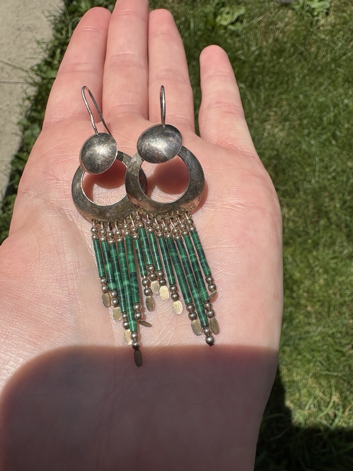 Sterling Silver & Malachite Dangle Stamped Earrings