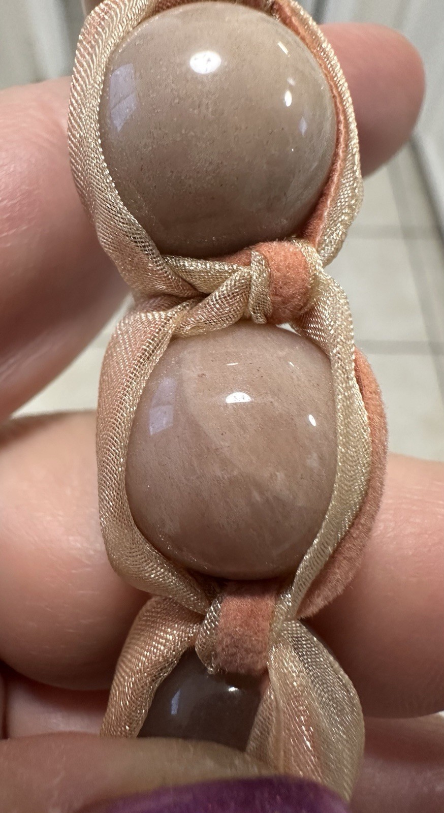 Simon Alcantara Wrapped Pink Quartz Bead Strand Statement Necklace Ribbon Suede