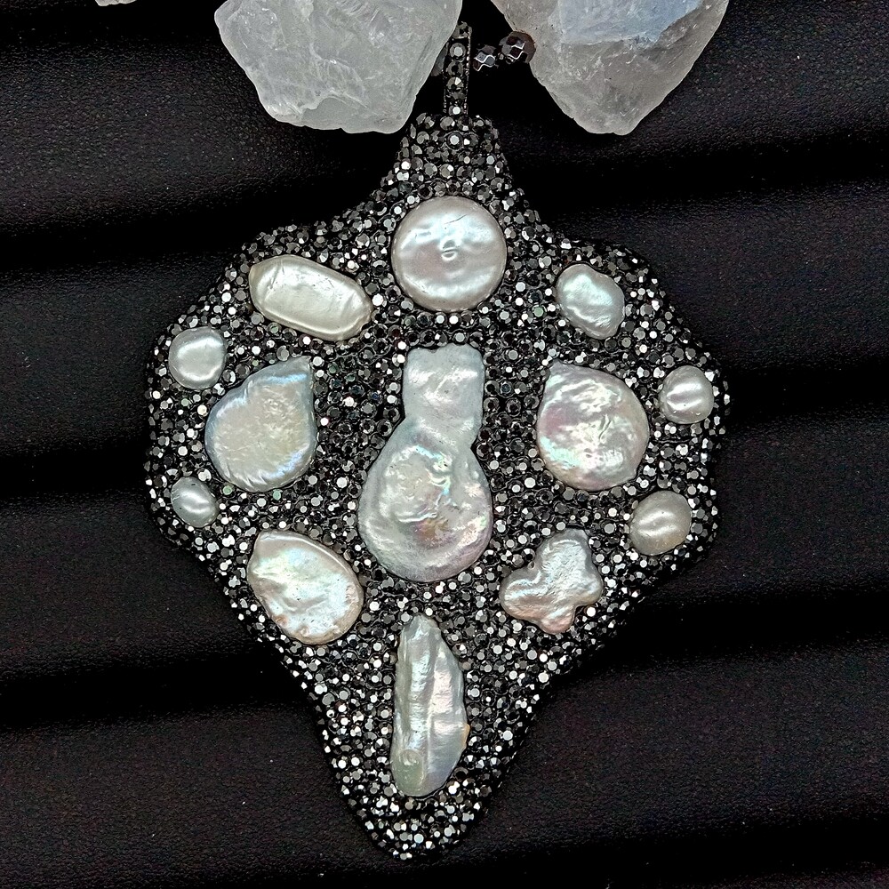 White Quartz Rough Necklace big pendant white pearl black crystal pave Pendant