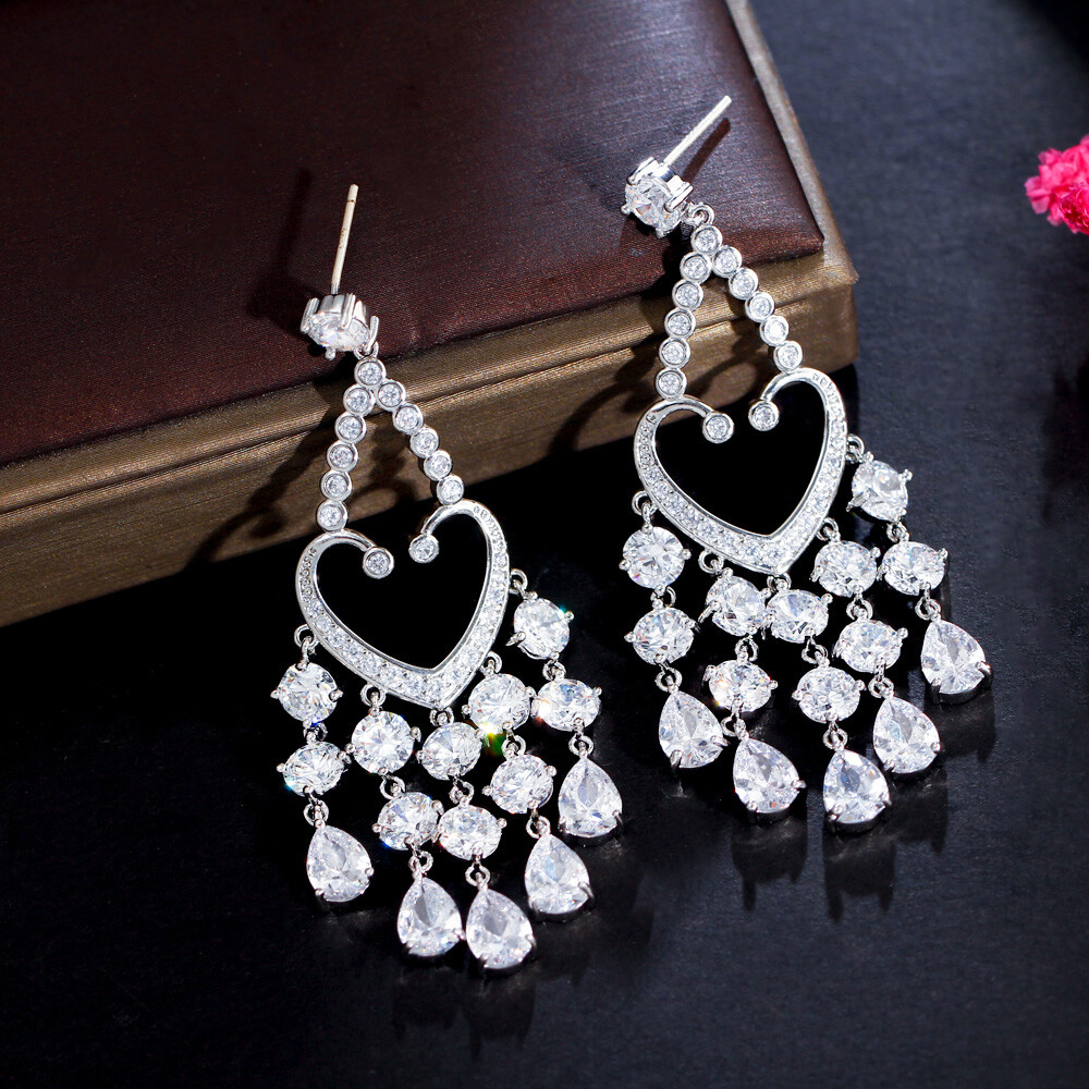Dazzling Cubic Zirconia CZ Silver Plated Long Dangly Tassel Drop Wedding Earring