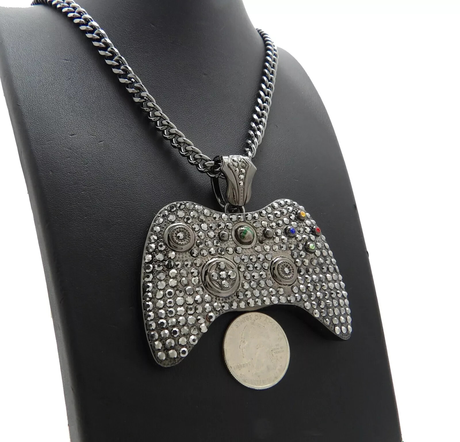 HIP HOP GAME CONTROLLER ICED BLACK PENDANT CUBIC ZIRCONIA & 6mm 30″ CUBAN CHAIN