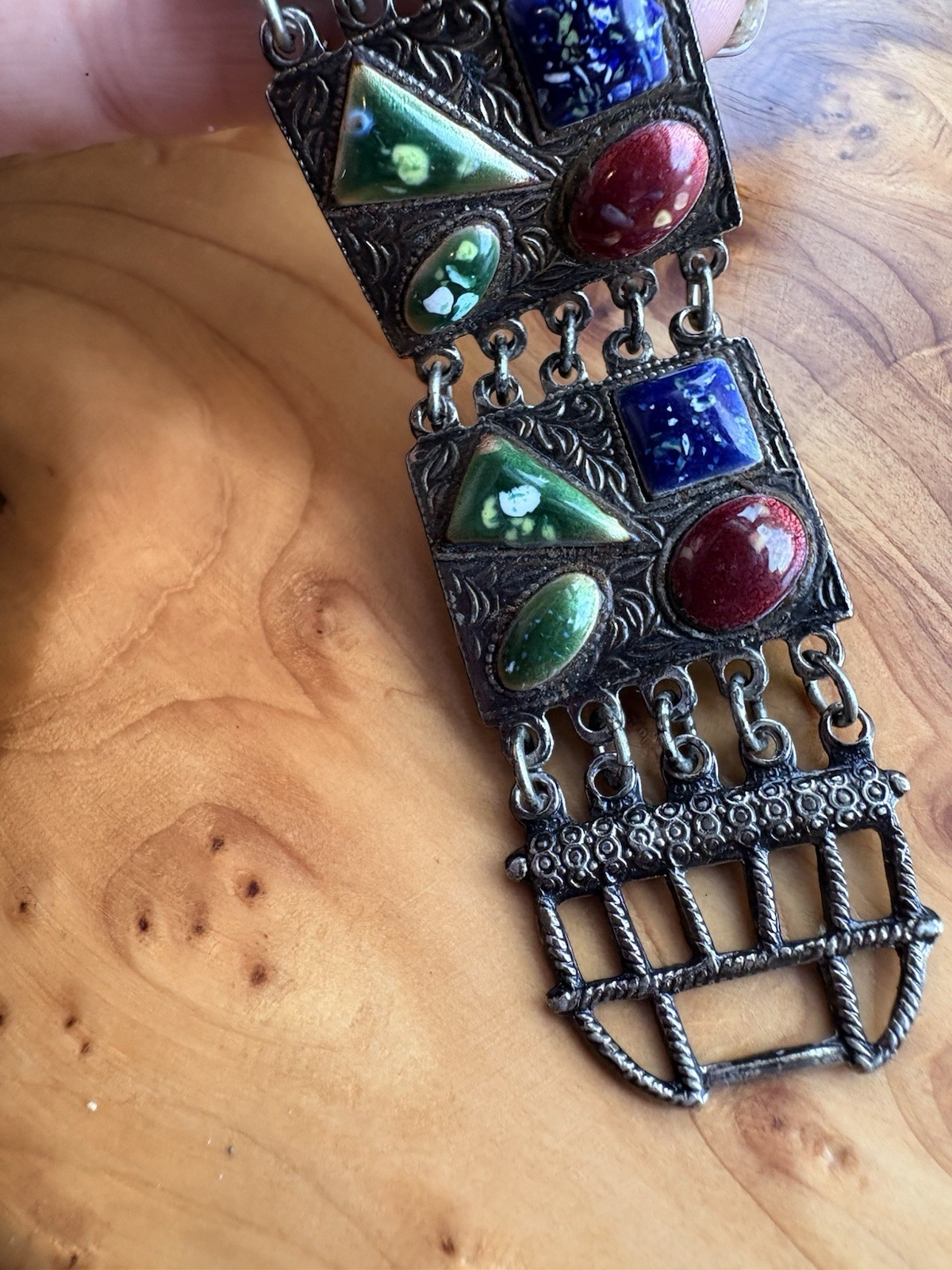 Vintage Enamel Panel Bracelet Blue Red Green Ceramic Boho Beauty!