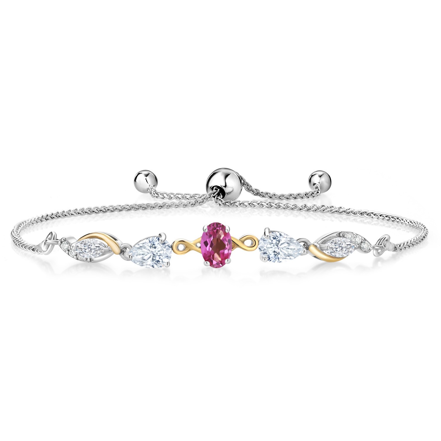 925 Silver and 10K Yellow Gold Pink Mystic Topaz and White Moissanite and Lab