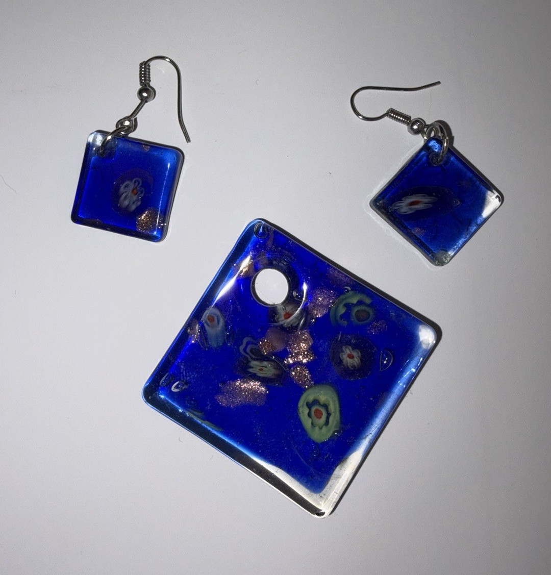 Handmade Fused Glass Millefiori Pendant & Earrings set Cobalt blue Art Glass