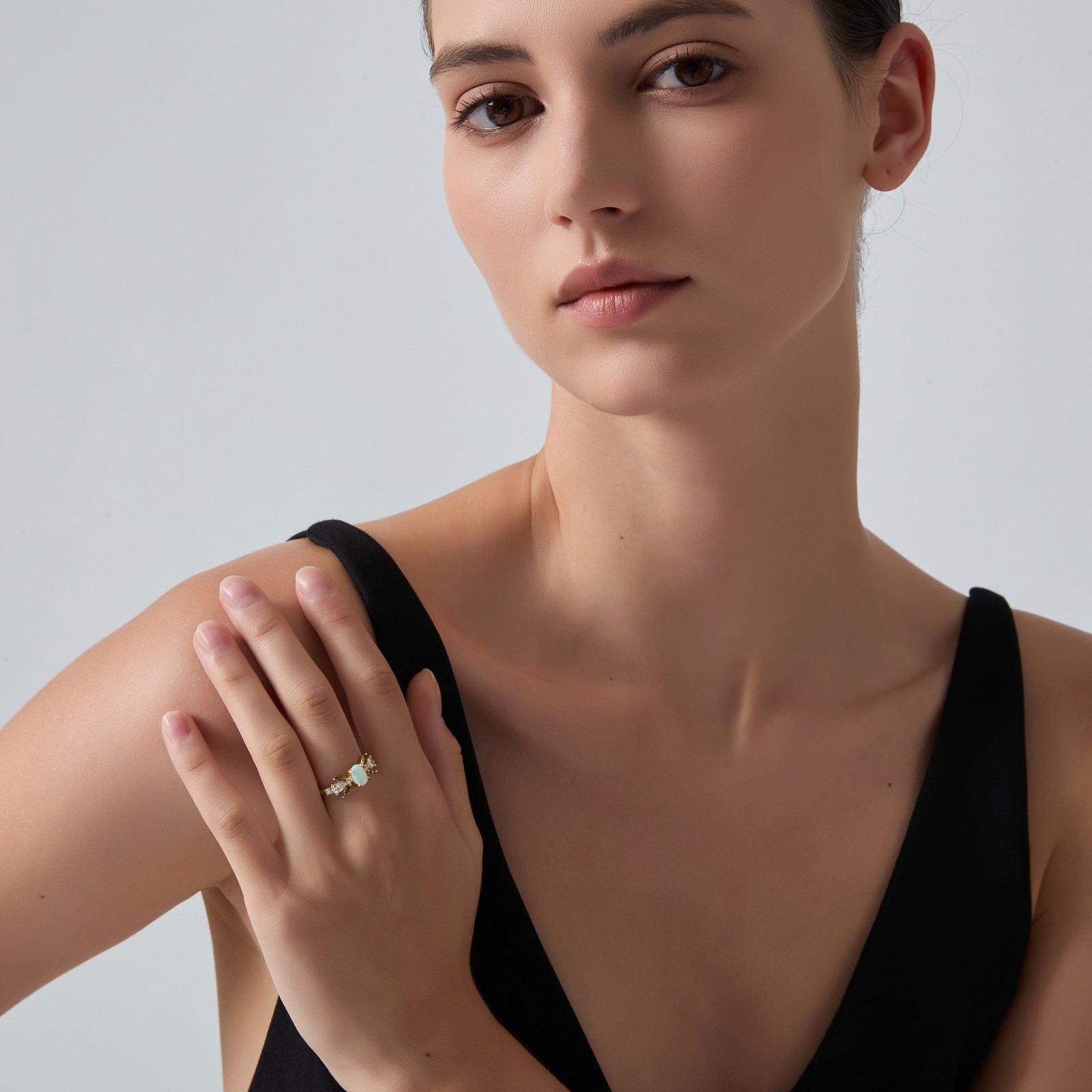 Oval Opal Olive Leaf Stacking Ring in 925 Sterling Silver
