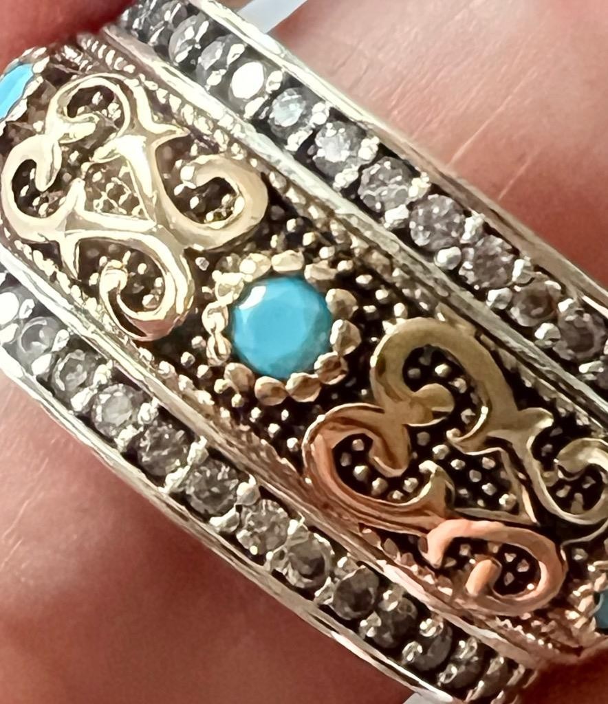 REAL Blue Turquoise & Diamond Solid 14K Y Gold 925 Ring Band Etruscan Rev. SZ 8