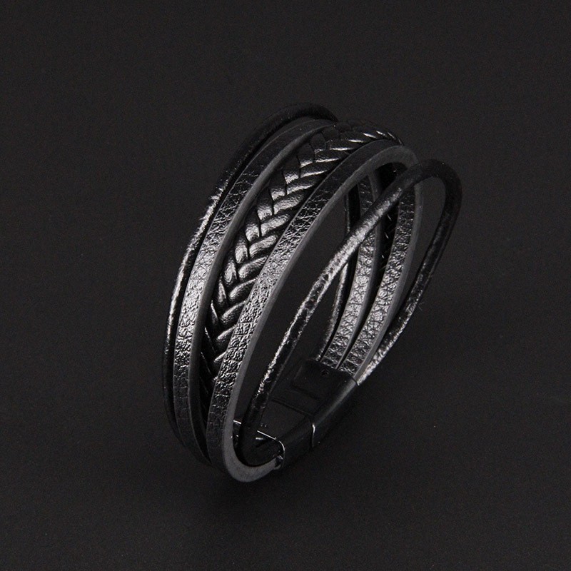 Unisex Leather Braided Wrap Bracelet – Black 21cm