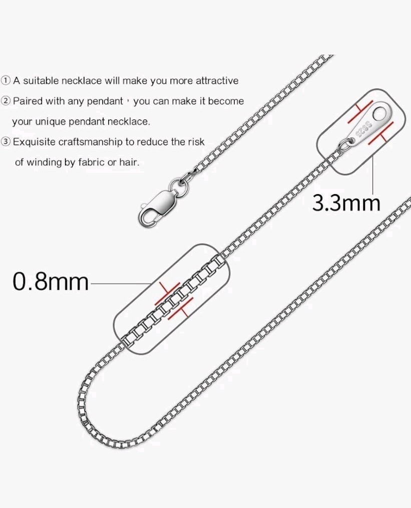 925 Sterling Silver Chain Necklace for Women 0.8mm Box Chain, Italian 18inch