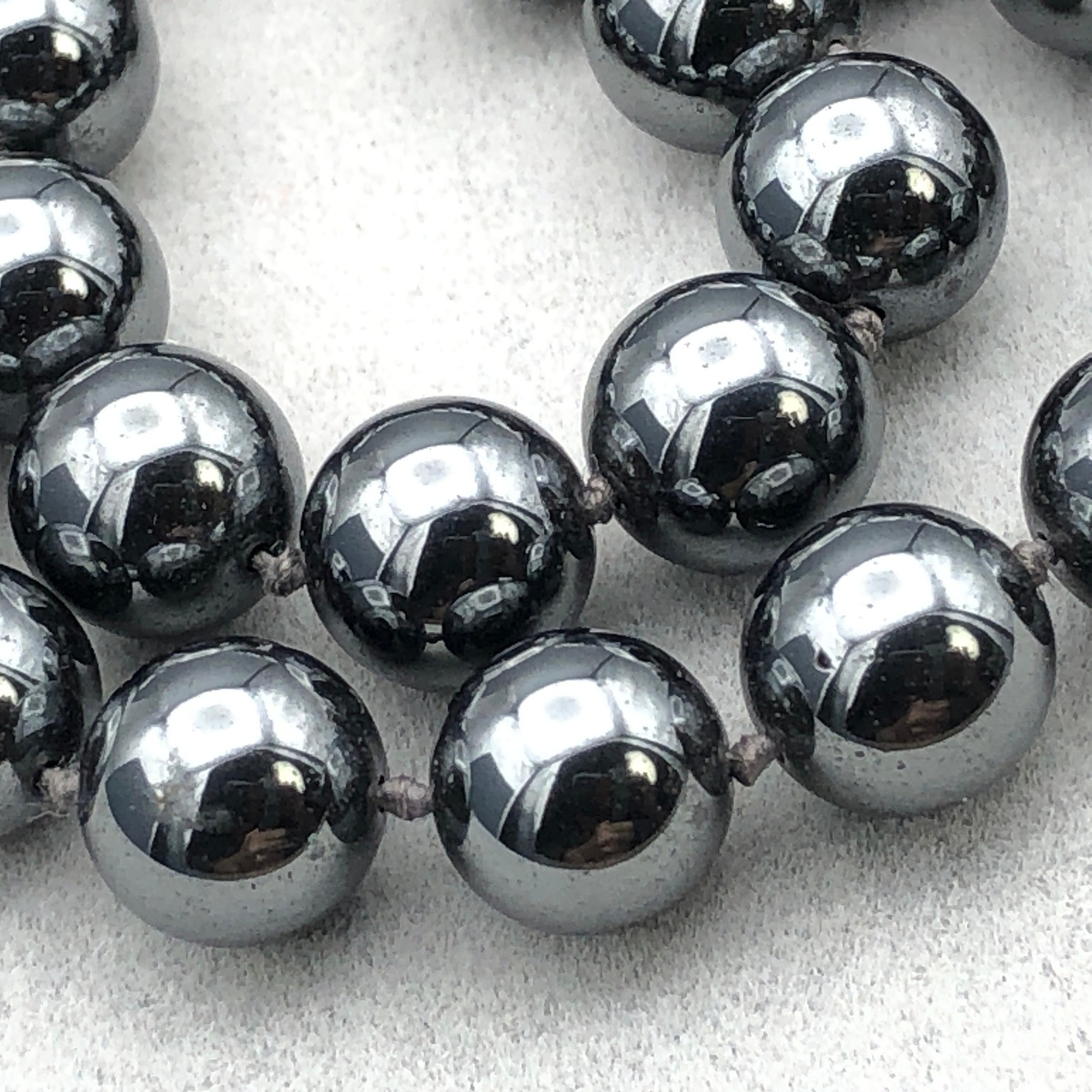 Vintage Hematite Bead Necklace 8mm Knotted 30 in Opera Length Filigree Clasp