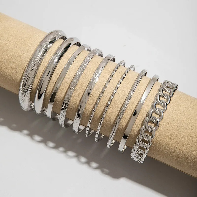 10 Pc Gold Tone Metal Bangles Women Multilayer Adjustable Twist Wide Jewelry