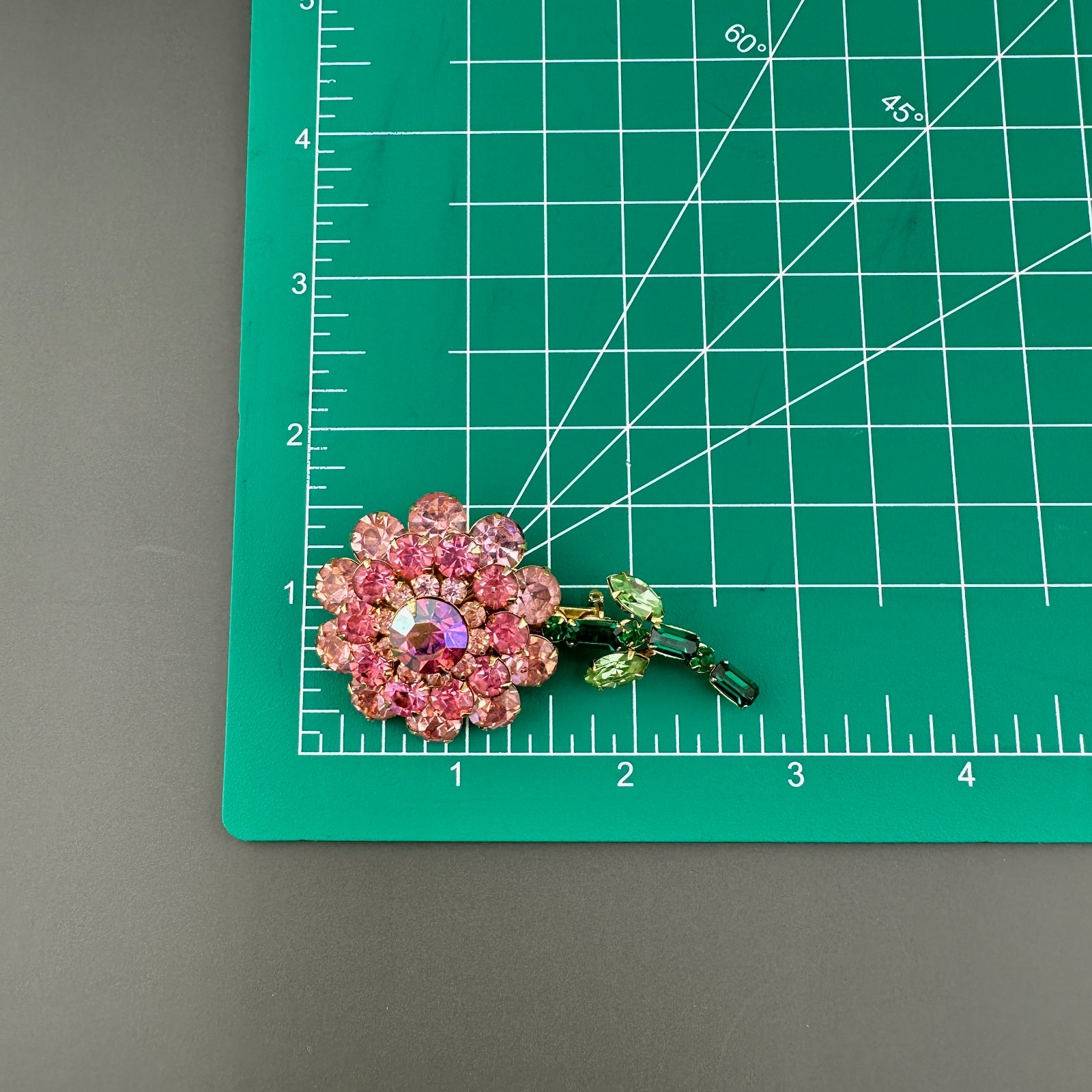 Vintage Judy Lee Rhinestone Flower Brooch Shades of AB Pink Green Long Stem READ