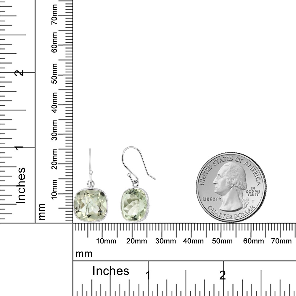 10.00 ctw 925 Silver 11mm Green Prasiolite Cushion Checkerboard Dangle Earrings