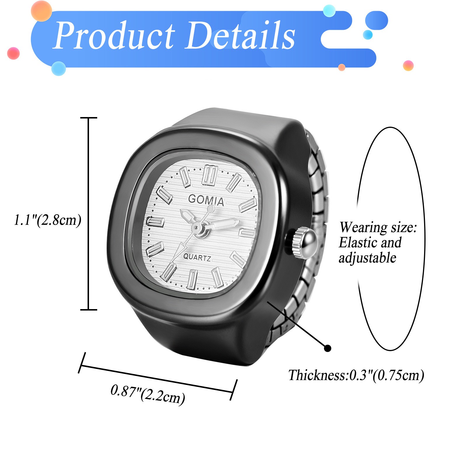 Women Casual Square Quartz Ring Watch Stainless Steel Elastic Strap Finger Watch