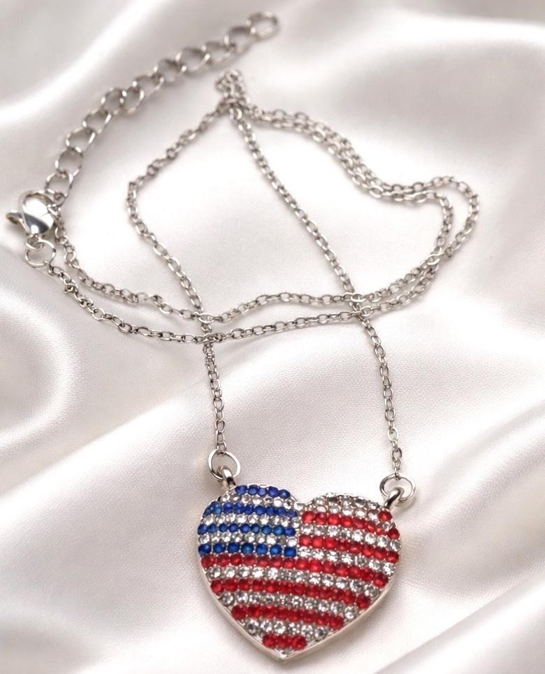 NEW PATRIOTIC FLAG HEART NECKLACE SILVERTONE OR GOLDTONE CRYSTALS FREE SHIPPING