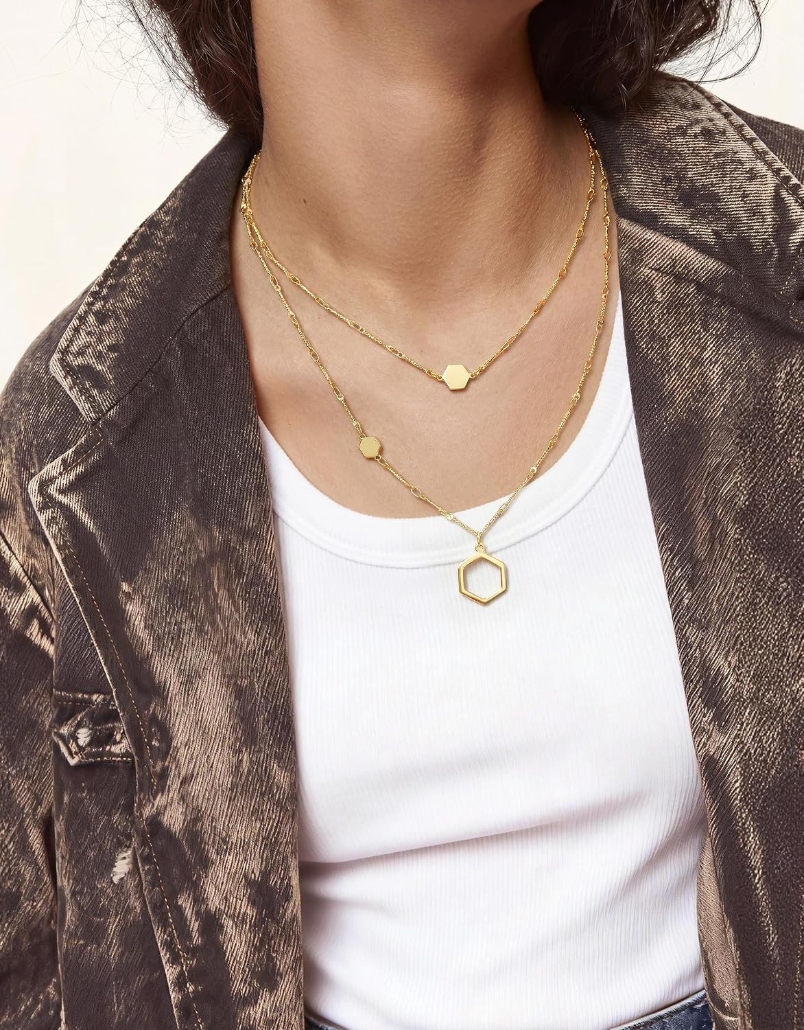 Honeycomb Layered Necklaces for Women Stackable, Dainty Layering Pendant Necklac