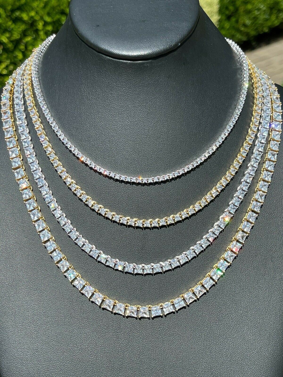 Tennis Chain Real 925 Sterling Silver ICED Square Princess Cut CZ Necklace Chain