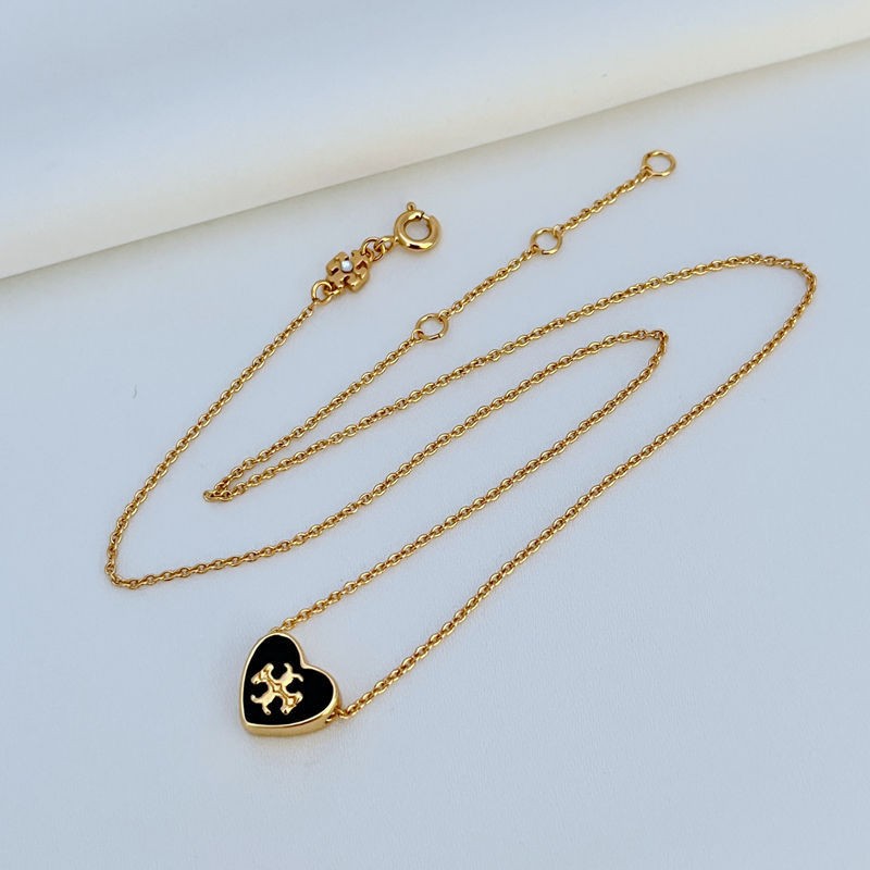 New! Tory Burch Gold & Black Heart Necklace with Jewelry Pouch Size:45cm