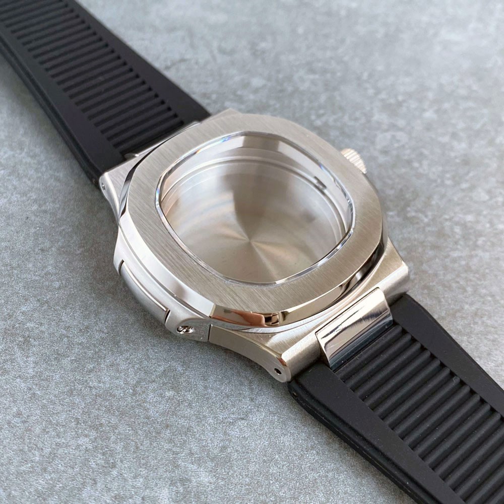 40mm Silver Nautilus Watch Case Nologo Dial Sapphire 10ATM For NH35 NH36 Rubber