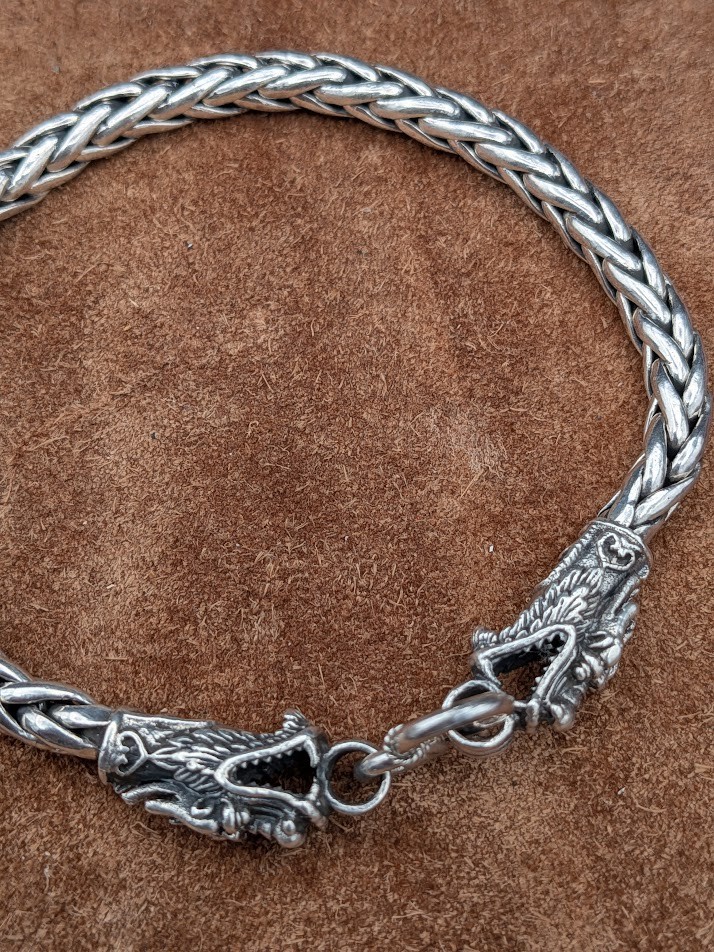 Sterling Silver Braided Chain Dragon’s Head End Tabs 8″ Bracelet ~ 28.5g