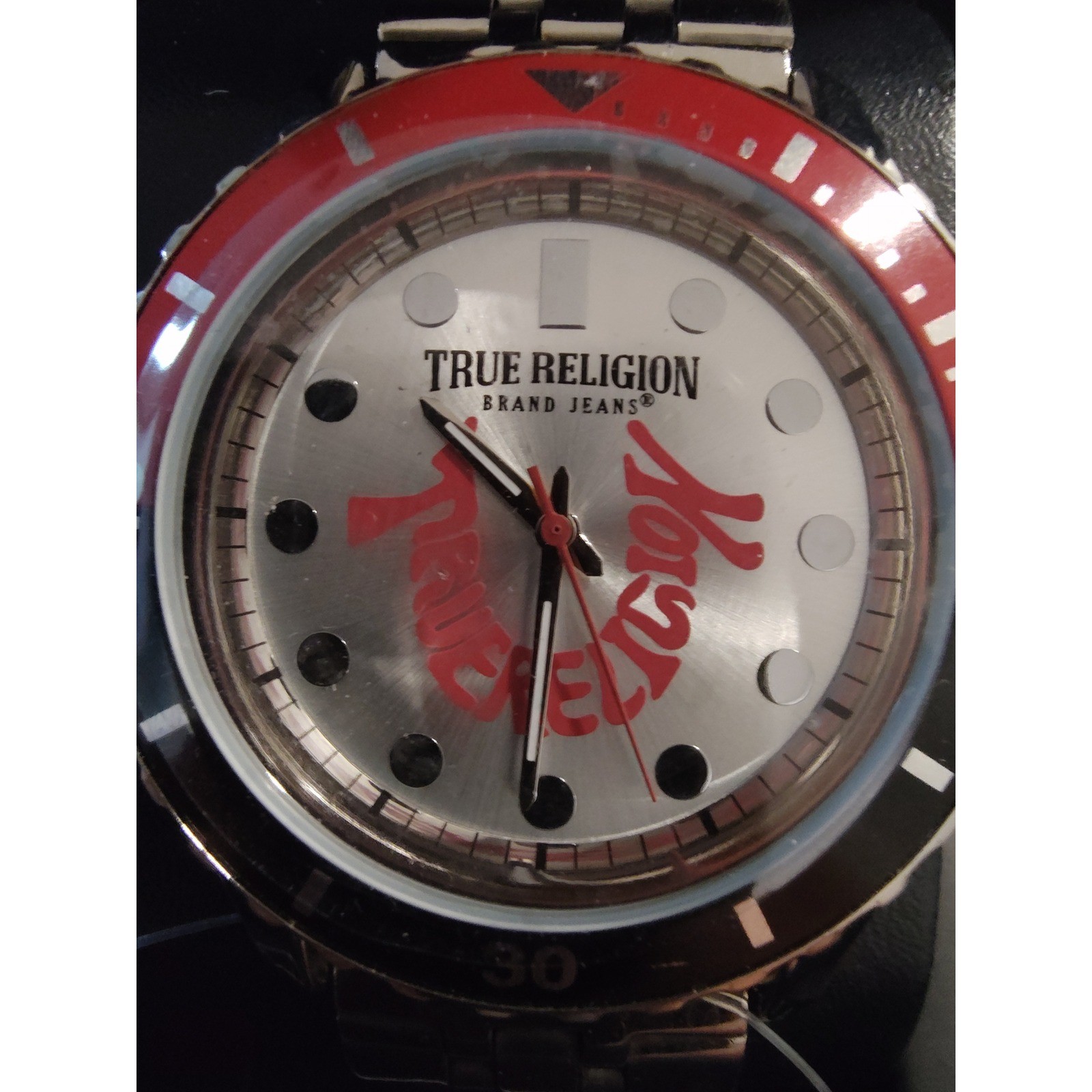True Religion Mens Watch Silver Red Black Diver Style Stainless Steel New in Box