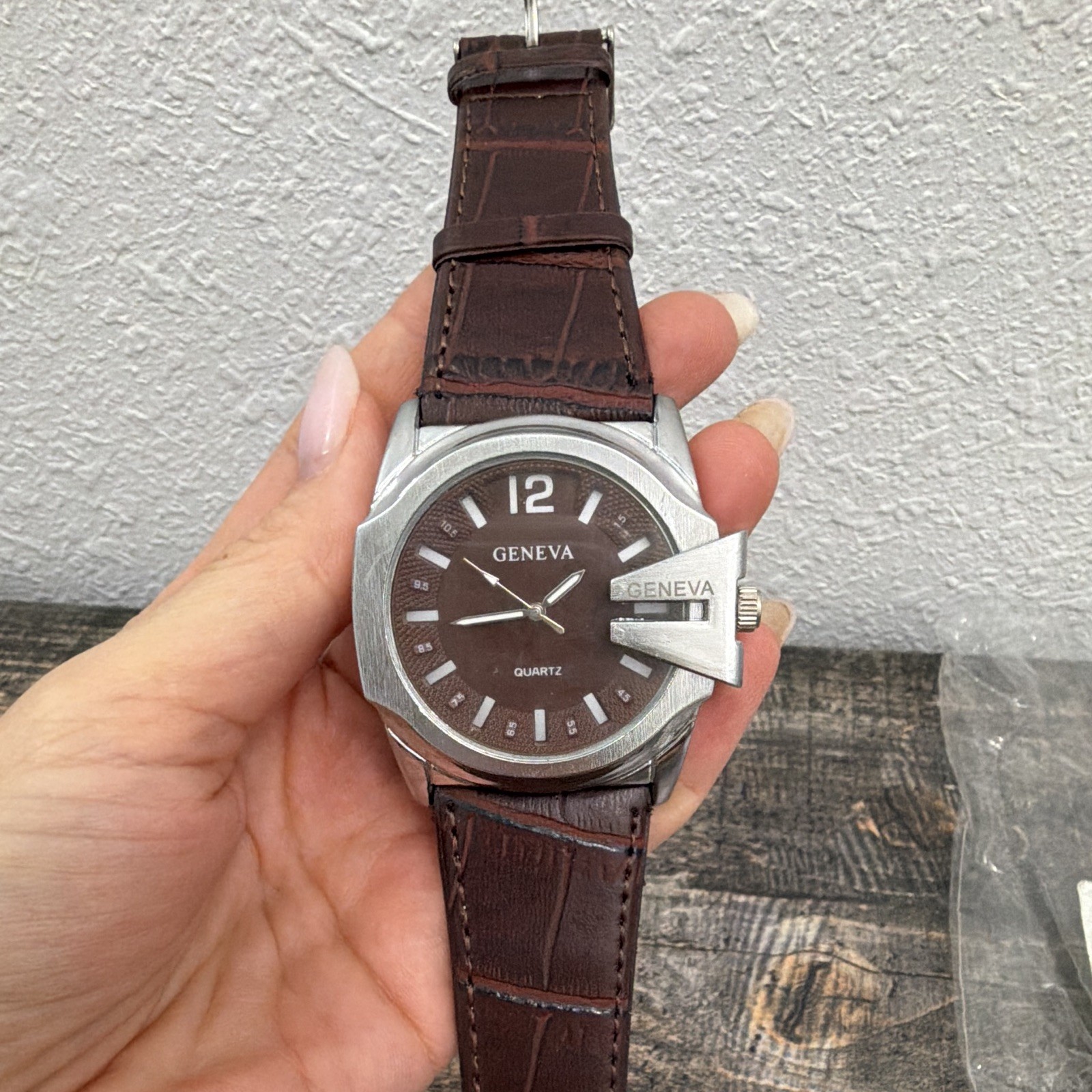 GENEVA Quartz Water-Resistant 42mm Brown Dial Silver Case Leather Strap