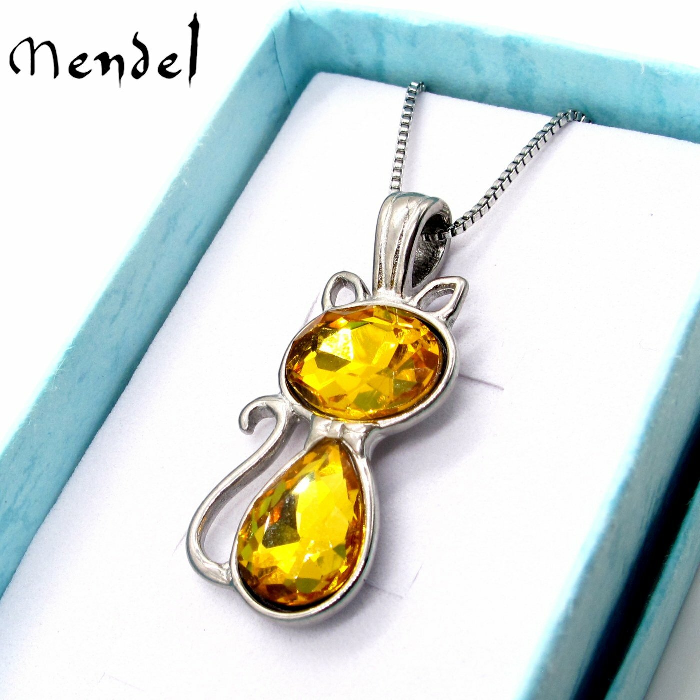 MENDEL Cute Girls Women Faux Yellow Citrine Lucky Kitty Cat Pendant Necklace Set